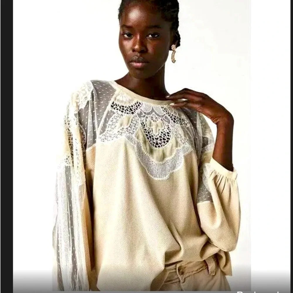 Free People Toni Top Embroidered Boho Lace Winter Blouse Long Sleeve Casual $120